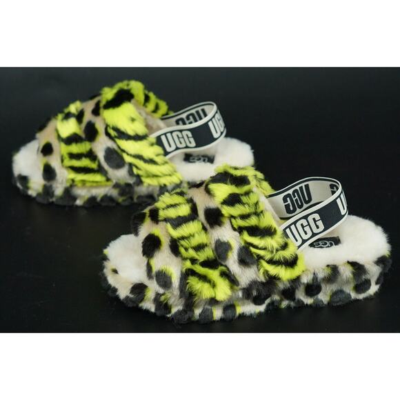 UGG Fluff Yeah Animalia Slingback Sandals Slipper SZ 7 New Leopard green - Picture 8 of 11